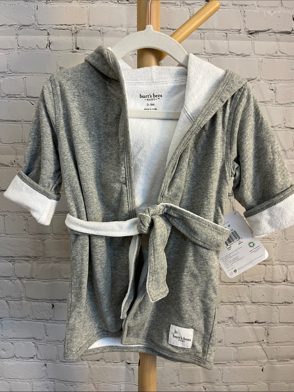 NEW Burt's Bees Baby Gray Hooded Terry Robe with Waist Tie